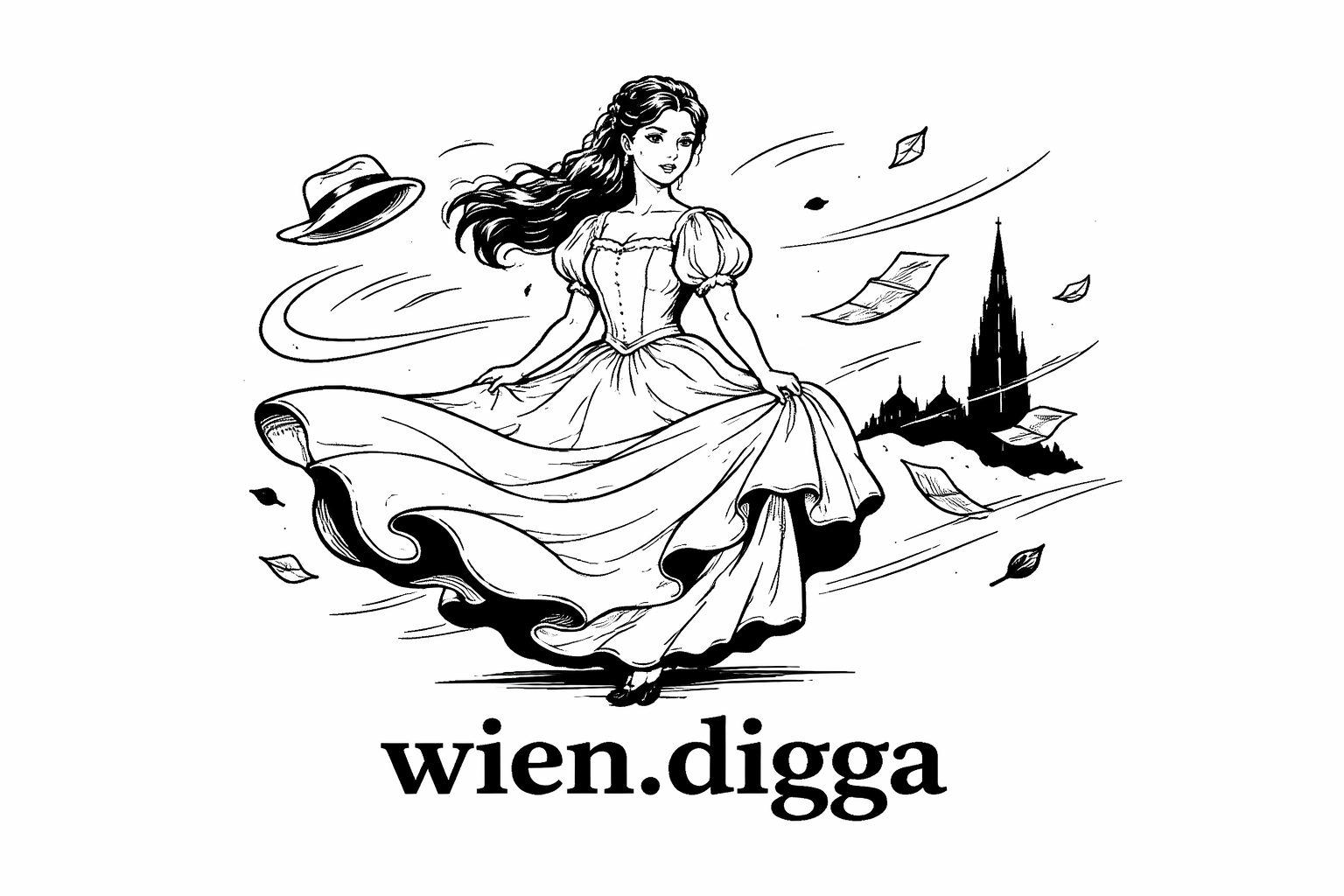 Minimalist black-and-white AI-generated illustration of an empress in windy Vienna