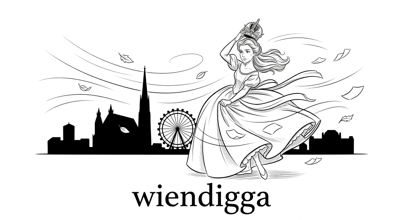 Minimalist black-and-white AI-generated illustration of an empress in windy Vienna